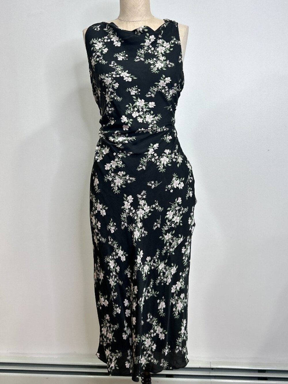 Quince Washable Stretch Silk High Neck Midi Dress Black Vintage Pink Floral XS